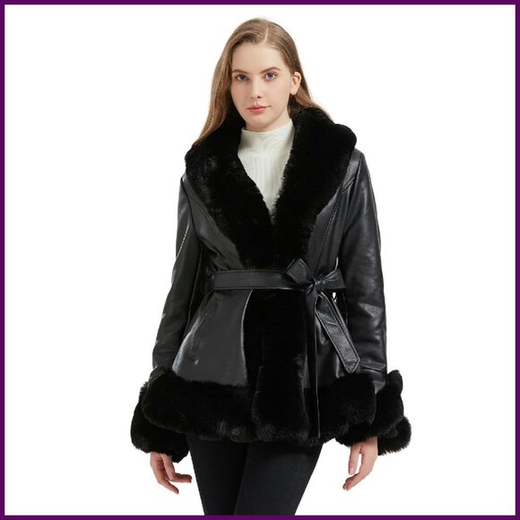 Faux Fur Leather Collar Jacket Long Sleeve With Pockets Belt